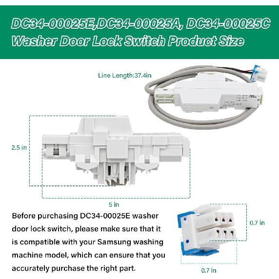DC34-00025E,DC34-00025A, DC34-00025C Washer Door Lock Switch Compatible with Samsung Washer Replaces AP6037187, PS11771585,4546106, AP6225255,