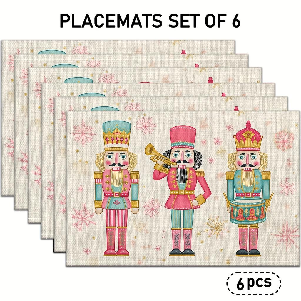 4/6pcs, Christmas Nutcracker Placemats, Colorful Nutcracker Soldiers, Pink And Golden Snowflake Linen Table Mats, Suitable for Holiday Kitchen Table D