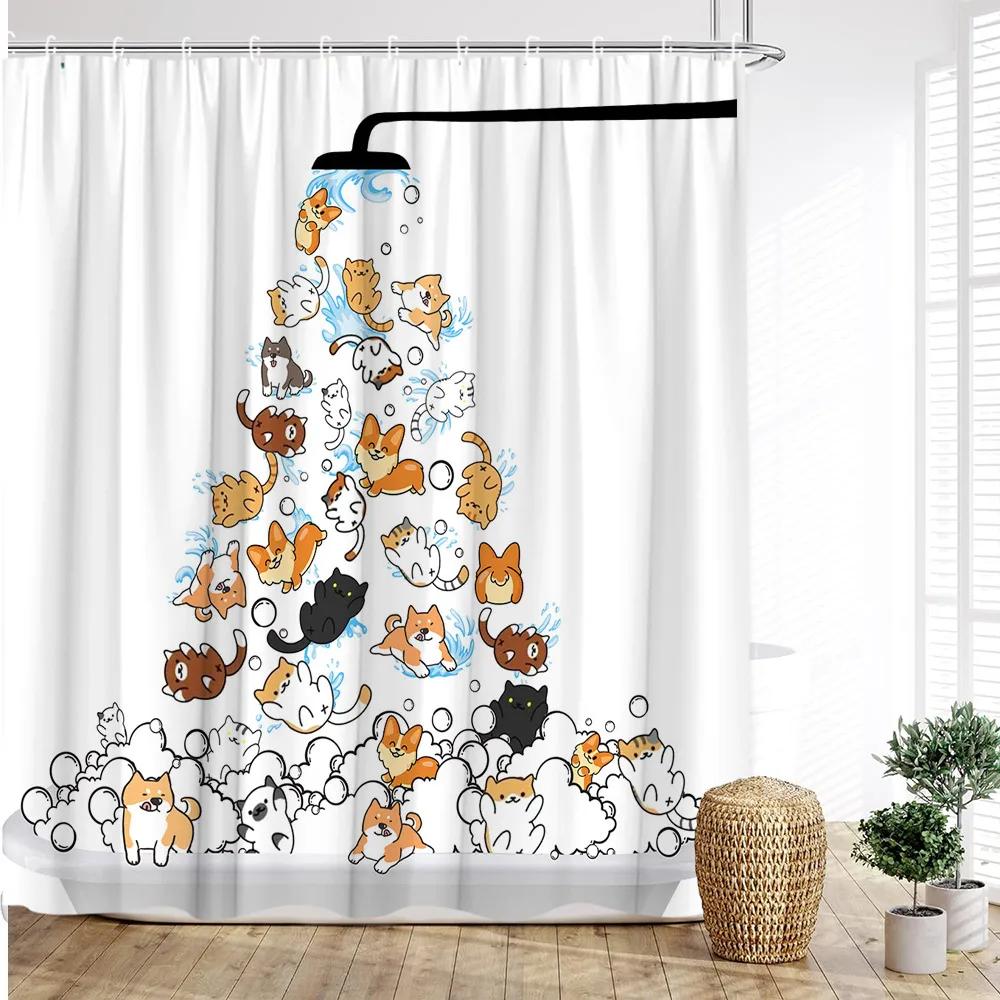 Cartoon Animal Shower Curtain with Funny Cat and Dog Paws Cute Kids Shower Print Family Bathroom Decoration with Hooks