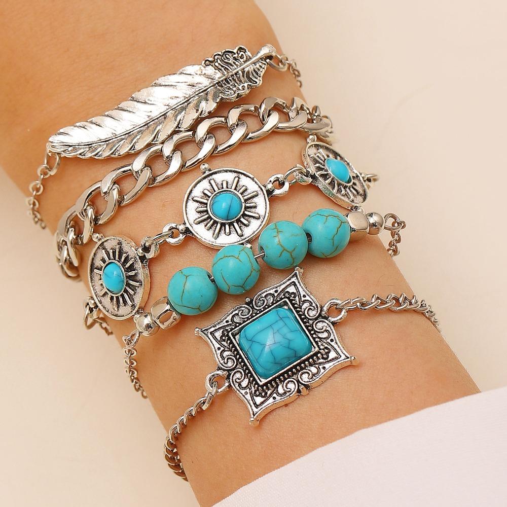 Beads Turquoise Bracelet Set Pearl Bohemian Style Hand Chain  Holiday