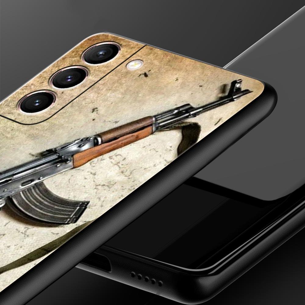 AK47 Handgun Gun BUllets Phone Case For Samsung Galaxy S23 Ultra S22 S21 S20 FE 5G S10 S10E S9 S8 Plus Note 20 Soft Black Cover