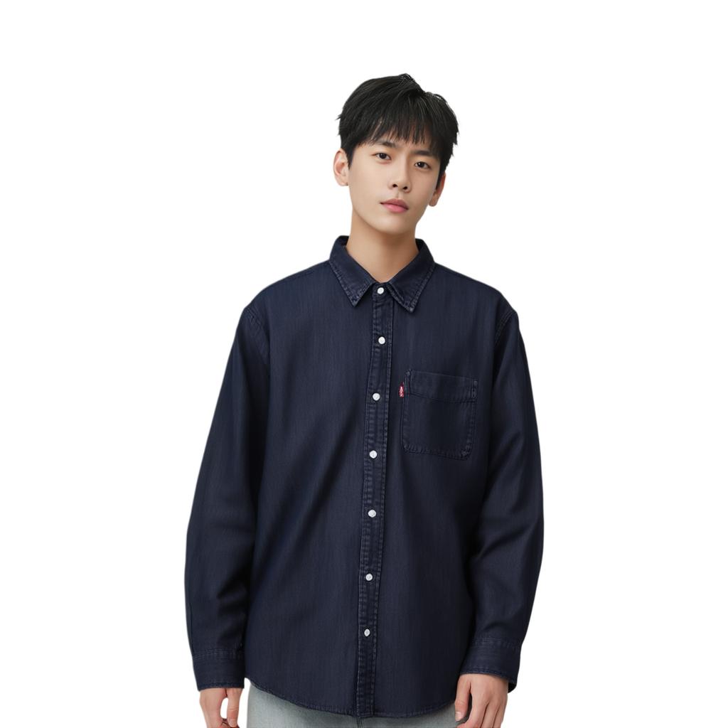 Levis Plain Simple Comfortable Polo Denim Long Sleeve Shirt Men Shirts Dark-Blue 002HI-0000