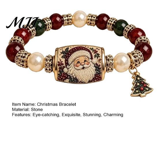 Stackable Charm Jewelry Christmas Beaded Stretch Bracelets, Faux Pearl Beads Fashion Holiday Accessory Santa Claus/Tree/Elk/Stocking Bracelet,