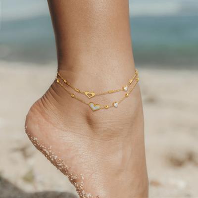 2 Layer Heart Charm Anklet Stainless Steel Synthetic Zircon Beach Jewelry for Women
