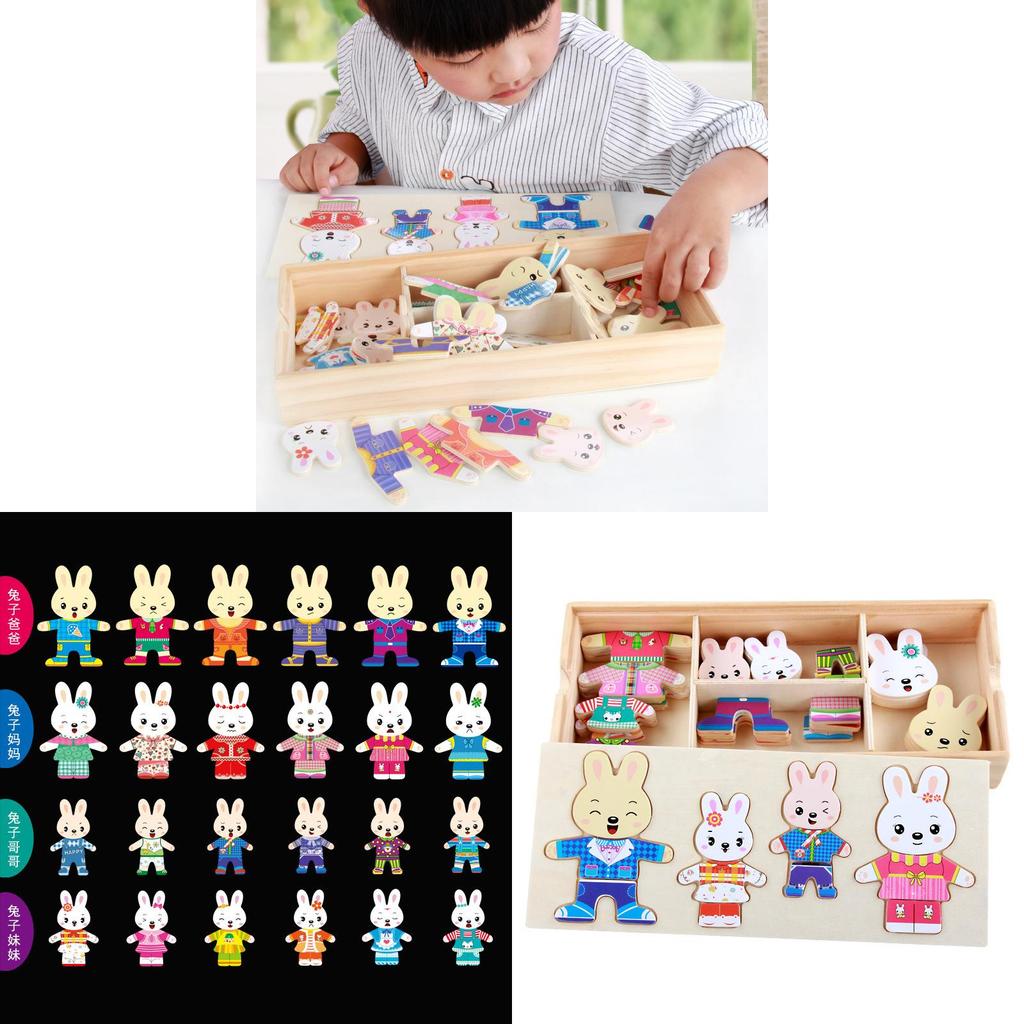 Wooden Childrens Toy With Little Rabbits Dress Up Puzzle For Learning And Play