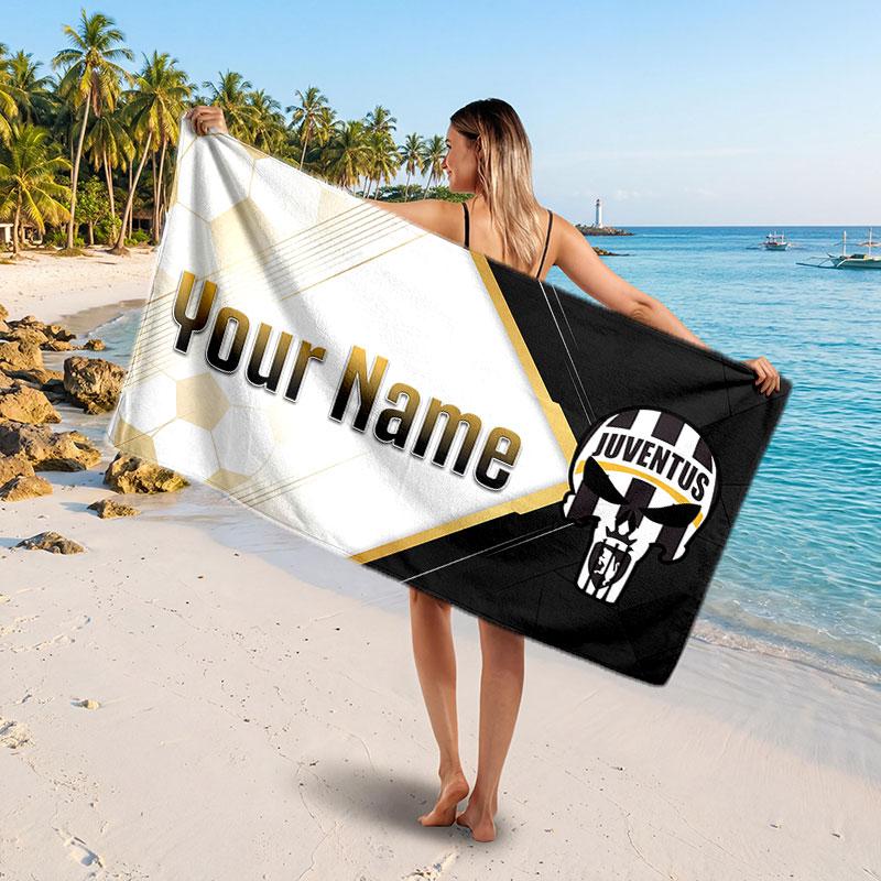 Asciugamano da Spiaggia Personalizzato Juventus FC, Stampa Testo Nome Personalizzato, Asciugamano Morbido Asciugatura Rapida con Logo Calcio, Regalo per le Vacanze