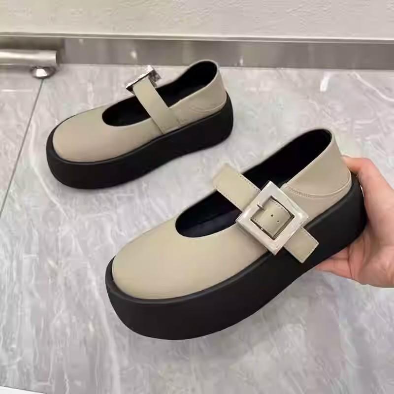 Fashion 2024 Spring and Autumn New Round Head Solid Color One Word Buckle with Thick Bottom Shallow Mouth Single Shoe for Women's