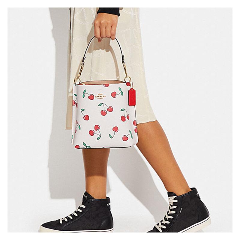 Coach Mollie Buckle Closure Heart Cherry Print Artificial Leather Bucket Bag Handbag Shoulder Bag Crossbody Bag 21 Women's White
