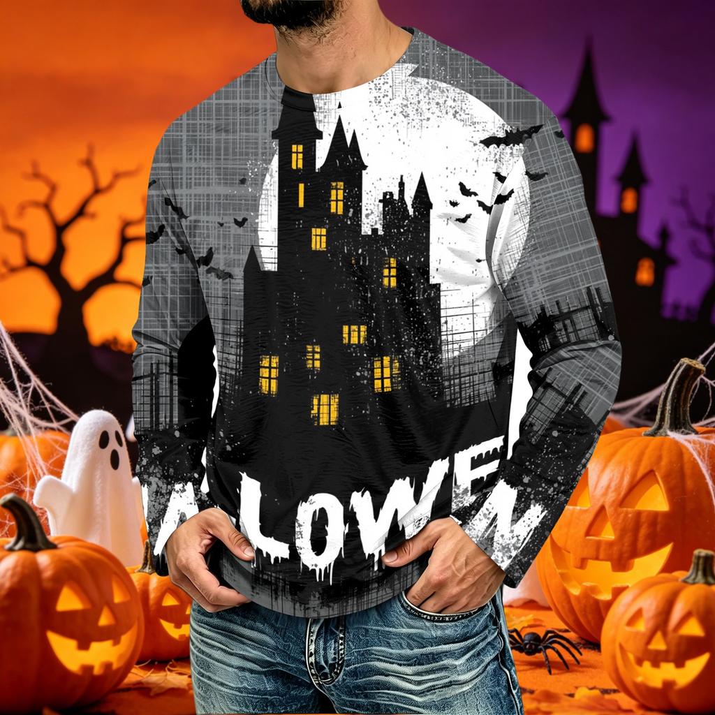 Men's Casual Long Sleeve Halloween Printed T-Shirt for Everyday Wear