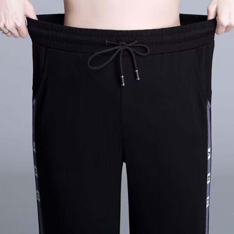 Drawstring High Waist Seven Points Pants Spring Summer Side Weaving Strips Letter Print Loose Nine Points Casual Harem Trousers