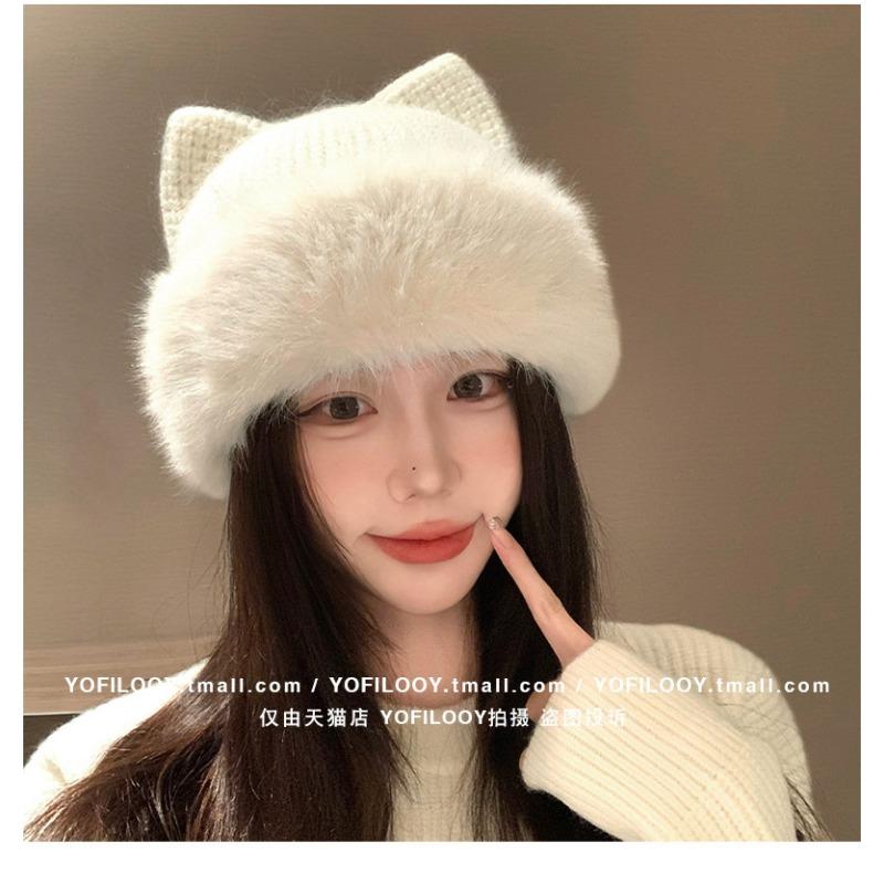 Women Winter Knit Hat With Cute Cat Ears Thick Warm Ear Protection