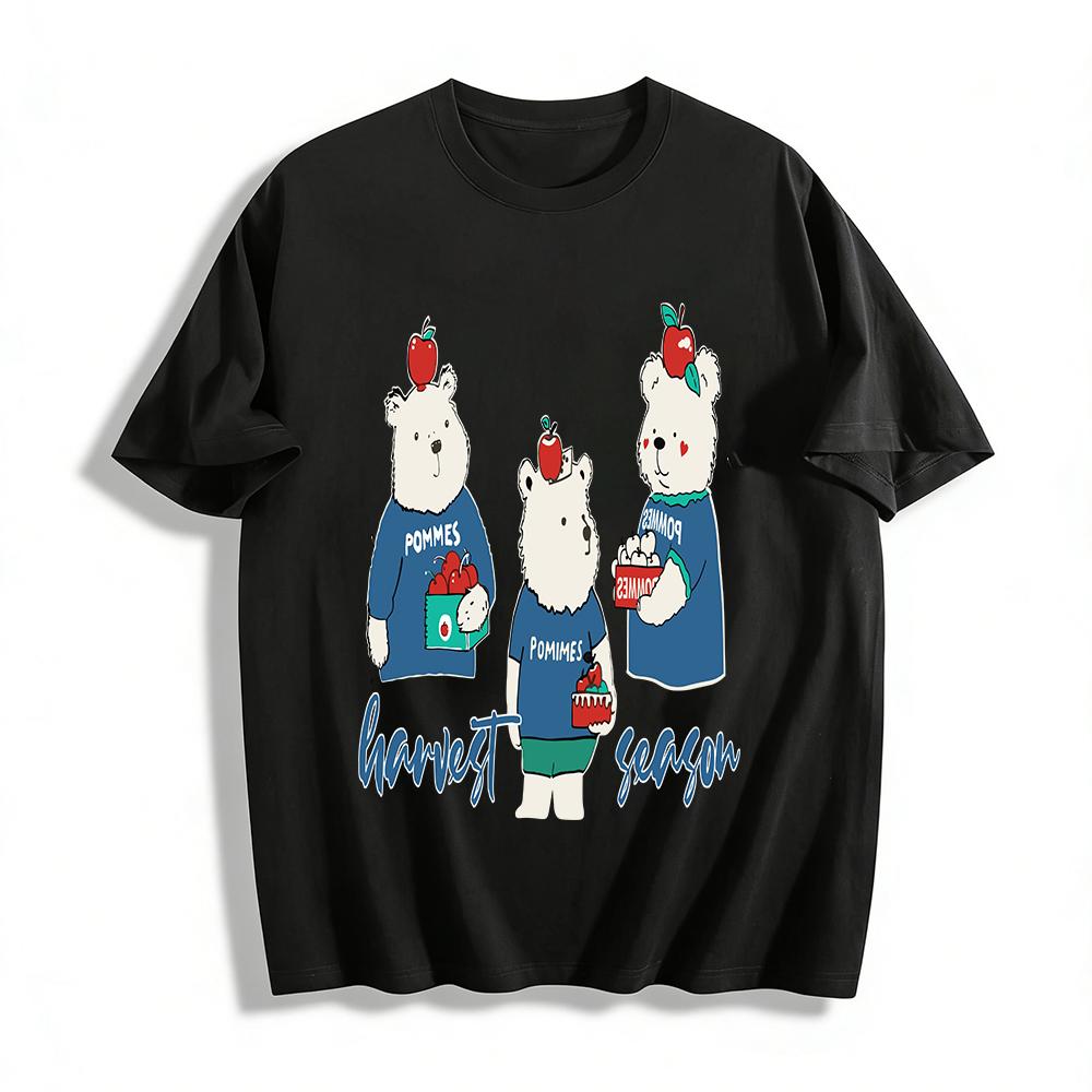 

Harvest Season Apple Bear Print T-shirt Cute Cartoon Animal Graphic Tee for Kids Casual Daily Wear Pure cotton T-shirt XXS