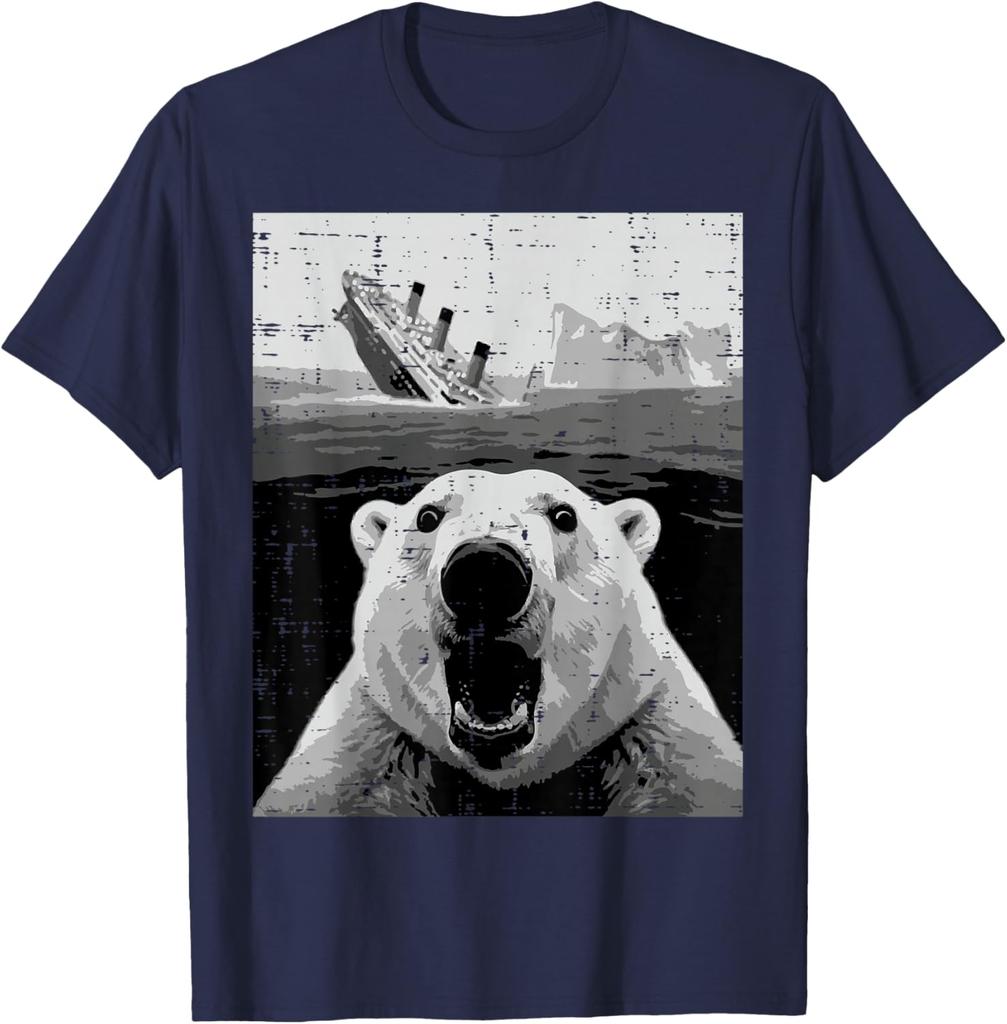 Polar Bear Sinking Titanic Meme Graphic Tee Funny Casual Short Sleeve TShirt for Men Women