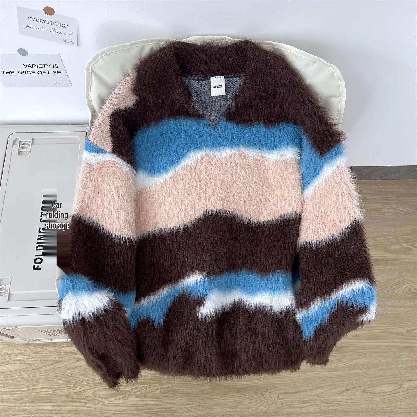 Men s Winter Retro Mink Fur Knit Pullover with Contrast Stripe Lapel M