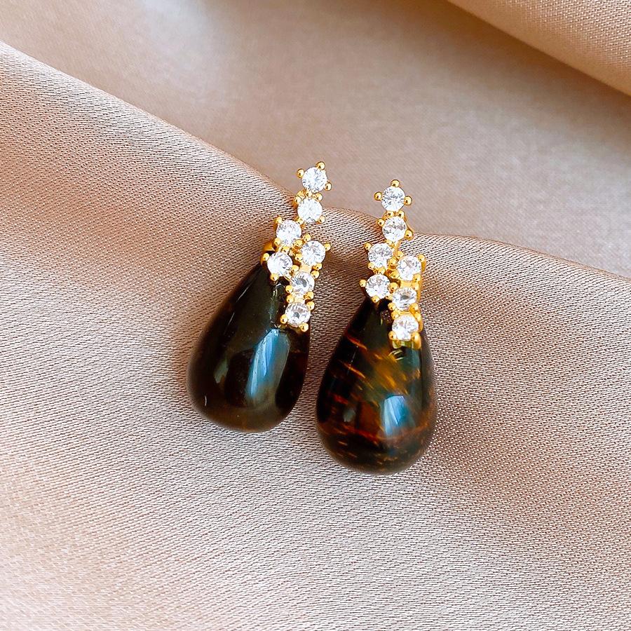 Autumn and winter zircon water drop tiger s eye stone stud earrings fashion temperament old money wind earrings earrings women