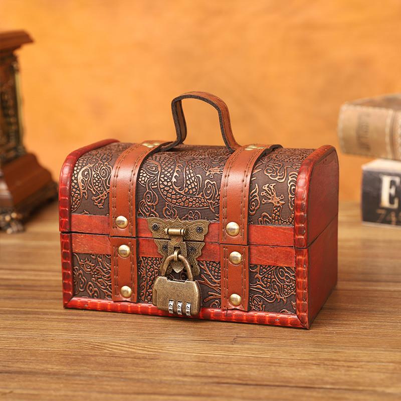 Retro Dragon Pattern Wooden Storage Box With Metal Lock For Storage Desktop