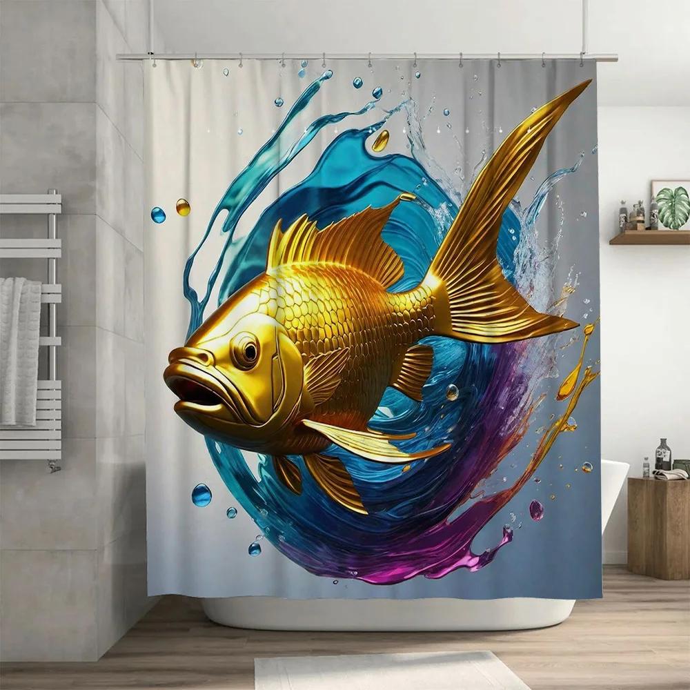 Luxury Golden Fish Shower Curtain Waterproof Bath Decor with 3D Printing Artistic Print Blue Splash Water Design for Bathroom
