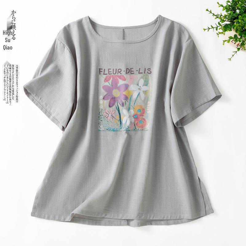 

Women s Retro Print Loose Mid-Sleeve Round Neck Pullover T-Shirt XL
