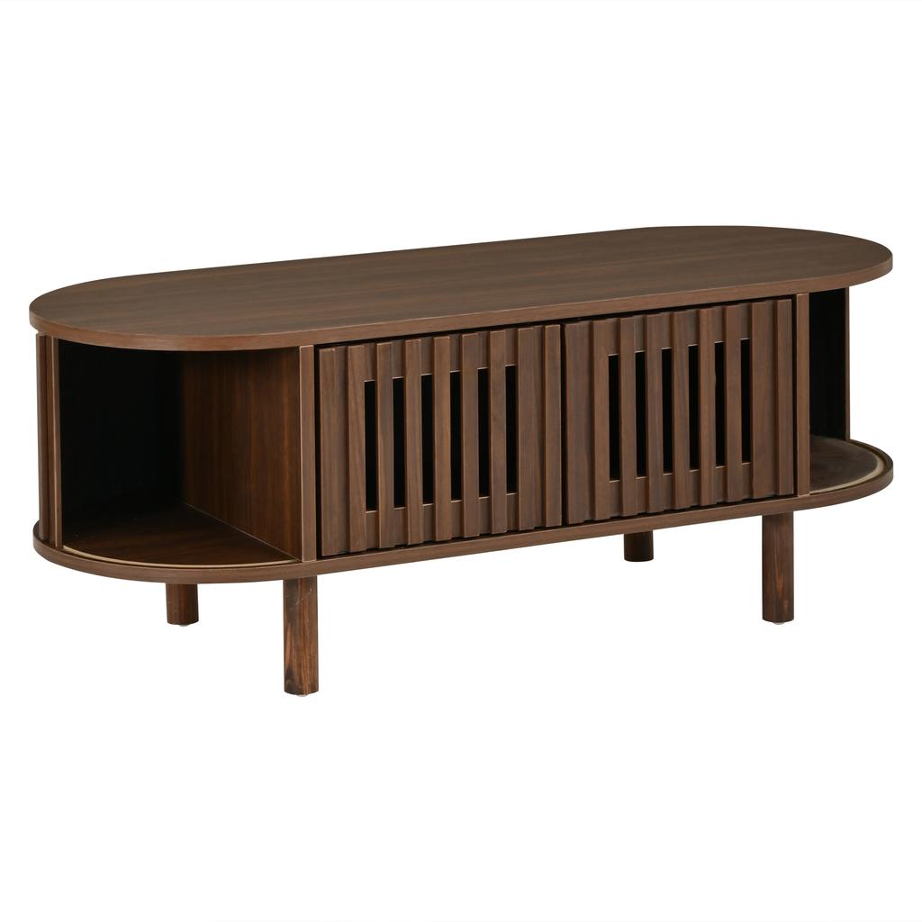 Coffee Table 100×40×38cm, MDF, Oval Living Room Table, 2 Slatted Doors & Roller Door, Solid Wood Legs, Up To 30kg Load Capacity, Walnut Wood Color