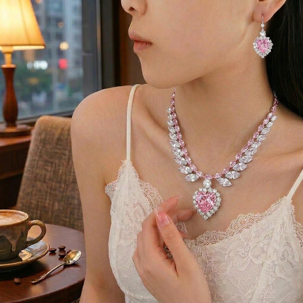 Trendy Pink Zircon Heart Necklace and Earrings Set