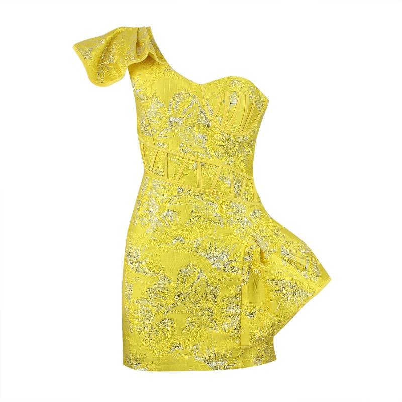 

Летнее новое платье без рукавов с открытыми плечами, короткое жаккардовое, облегающее бедра, персонализированное, в уличном стиле, для вечеринки S жёлтый