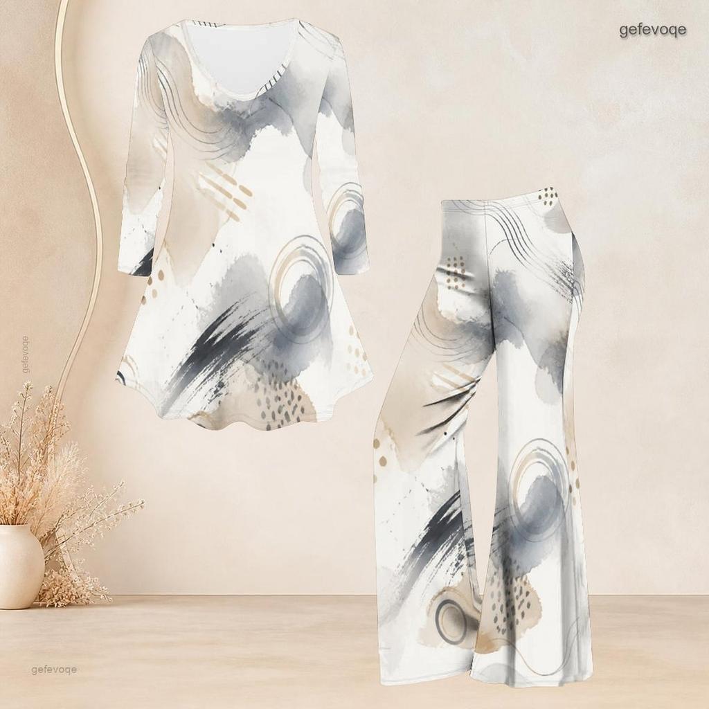 Women Plus Size Round Neck Three Quarter Sleeve Printed Flared Top And Flared Pants Two Piece Set