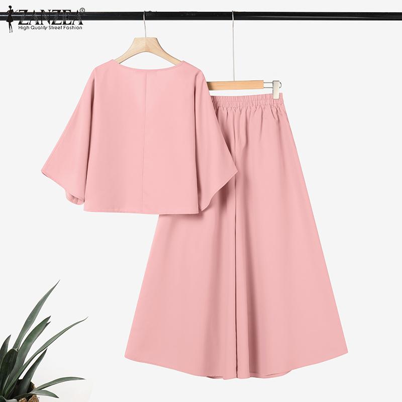 ZANZEA Lässiges Zweiteiler-Set für Damen mit 3/4-Ärmeln, Bluse und Hose mit weitem Bein