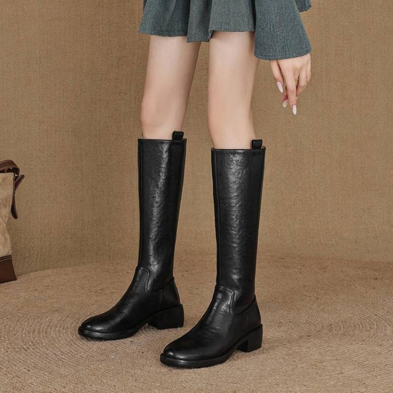 Podzimní a zimní dámské kožené boty z prané hovězí kůže ve velkých velikostech, nové dámské boty na středním podpatku, všestranné boty s kulatou špičkou, zadní zip, vysoké dámské boty
