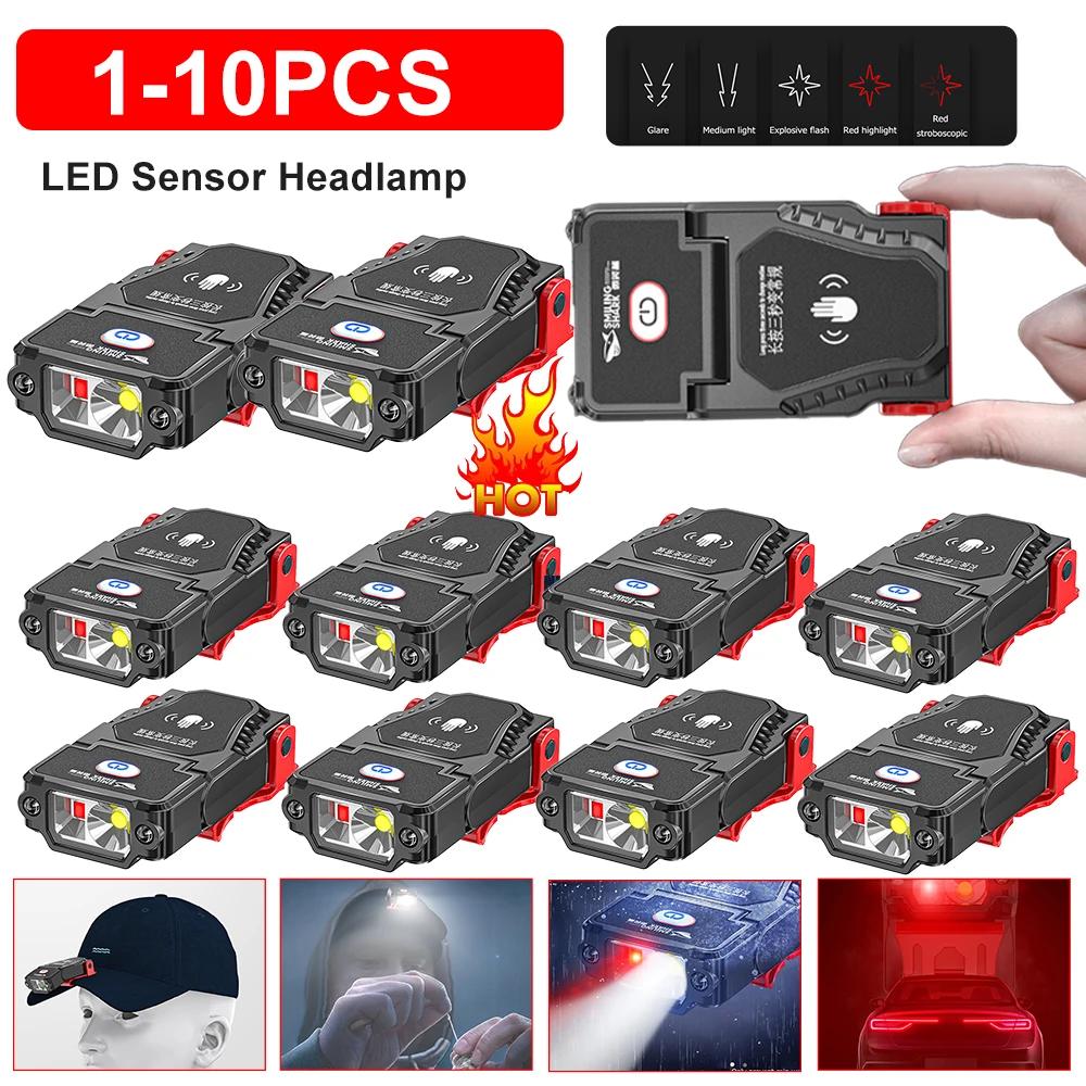 1-10pcs LED Sensor Headlamp USB Rechargeable Hat Clip Cap Light Torch Camping Headlamp Work Light For Hiking Fishing Headlight