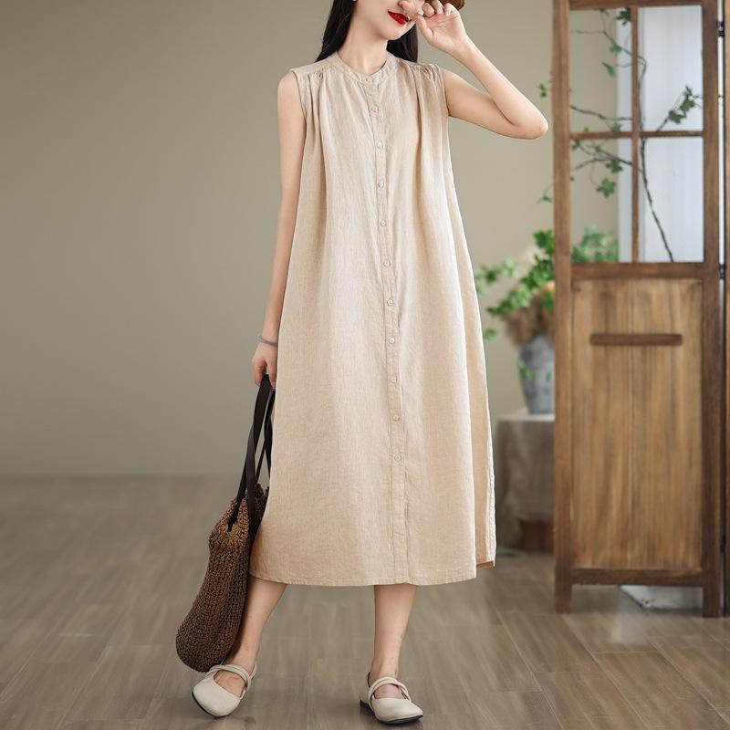 

2025 summer new round neck sleeveless multi-wrinkle design simple solid color cotton and linen medium and long dress 2XL