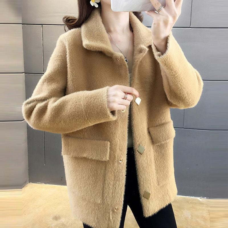 Imitation Mink Fur Short Jacket Women's Winter Collar Loose and Thick Knitted Cardigan