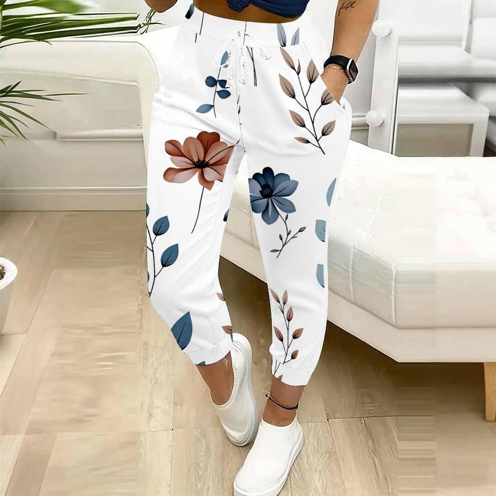 Summer Ladies Splicing Floral Prints Printed Sweatpants Loose Fit Drawstring Joggers Elastic Cuff Daily Casual Pants