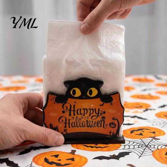 Holiday Party Dining Accessories Halloween Ghost/Cat Wooden Napkin Holder, Cute Paper Towel Decorative Autumn Theme Festive Decor Stand, Freestanding