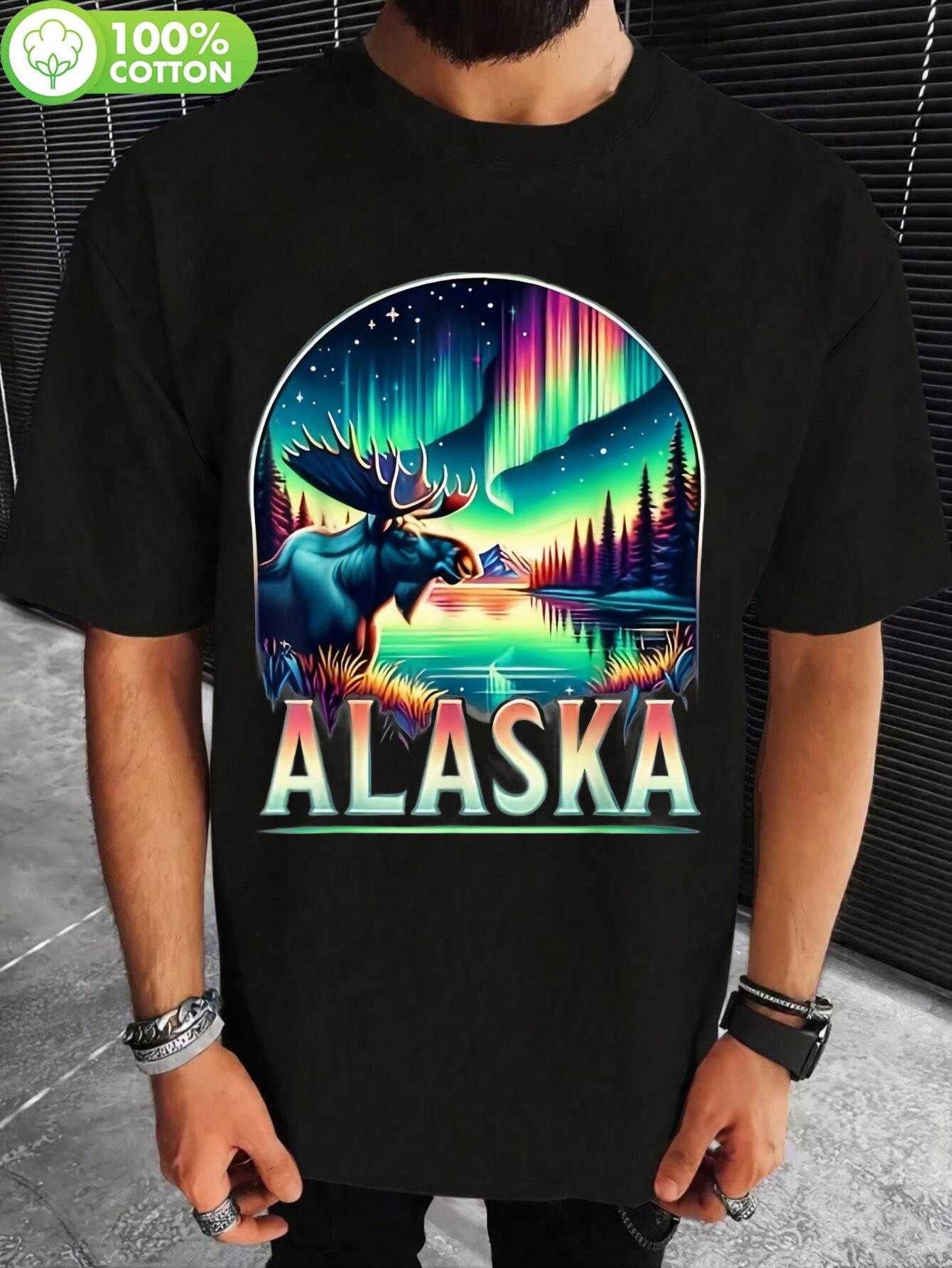 1pc Alaska Northern Lights Aurora Moose Print Tshirt - Br... S