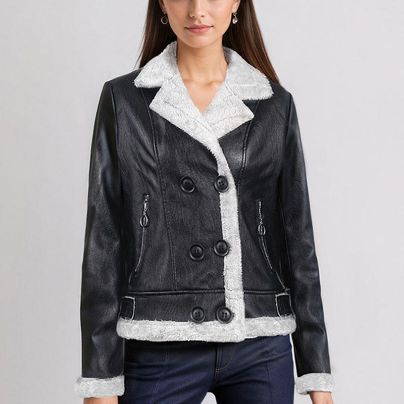 Women's Fleece Leather Jacket Thick Warm Flocked Leather Coat Turn-Down Collar PU Leather Jacket