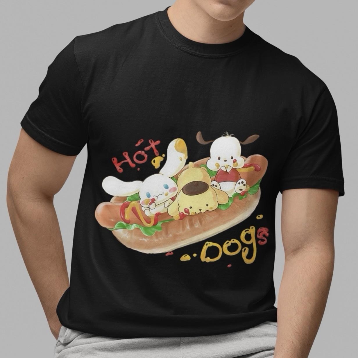 Sanrio Pompompurin Cinnamoroll Pochacco Black Cute Hot Dog Graphic T-Shirt L