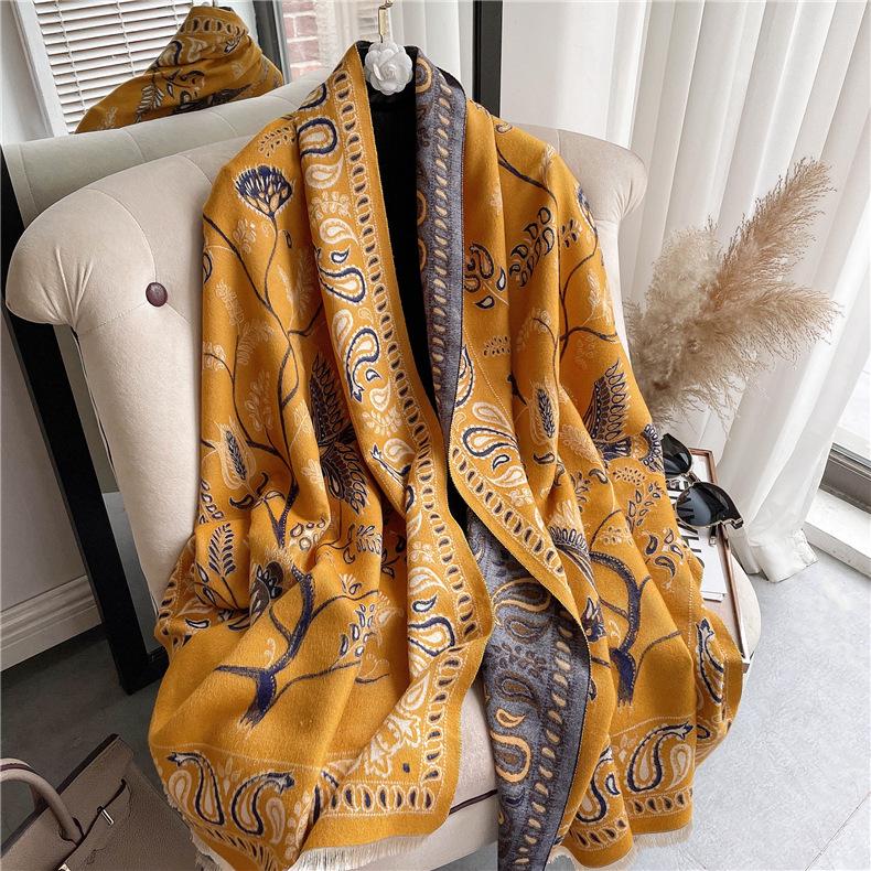 400g Retro Ethnic Bluebird Scarf: Women's Winter Warm Neck Warmer, High-End Imitation Cashmere Shawl.