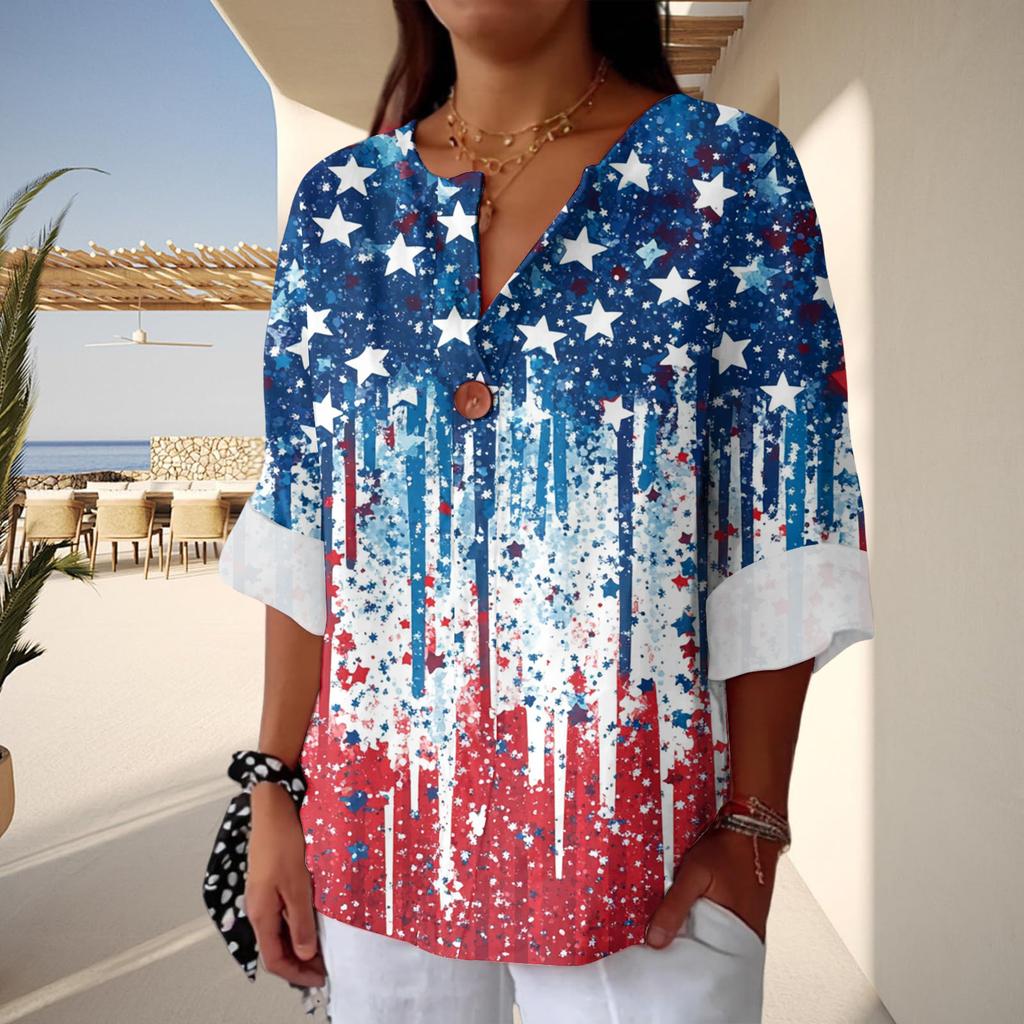 Women's Fashion Casual Button V-Neck Cotton And Linen Independence Day Printed Seven Sleeve T-Shirt Top