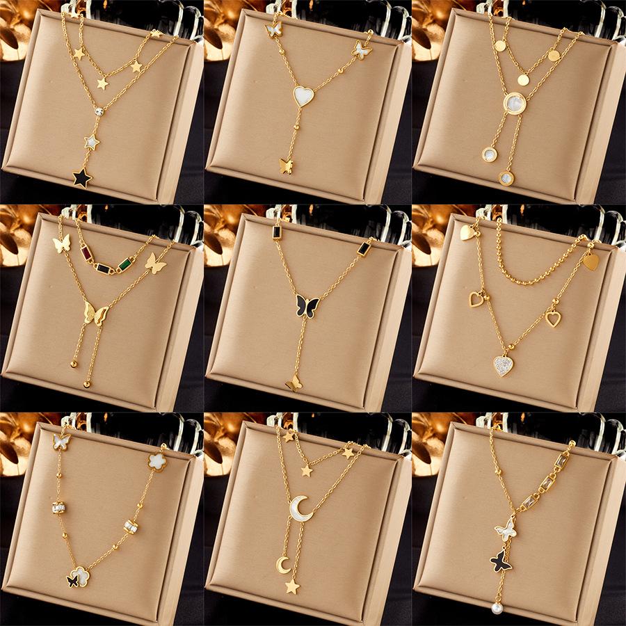 Vintage Layered Staking Exquisite-Butterflies Flower Pendant Necklace Heart Titanium Steel Couples Pendant Necklace