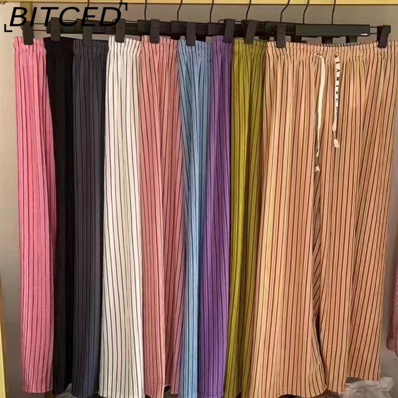 BITCED Women's Wide-Leg Trousers - Spring/Autumn Slimming High-Waisted Drapey Vertical Stripe Casual Trousers
