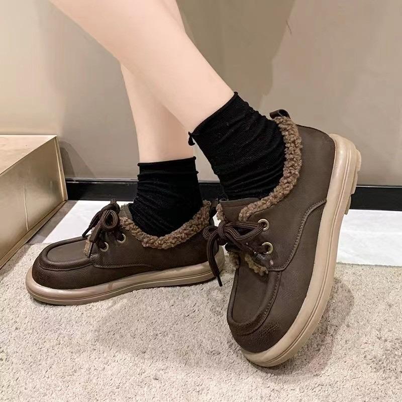Soft-soled velvet women's new autumn and winter small leather shoes fluffy shoes warm lace-up cotton shoes