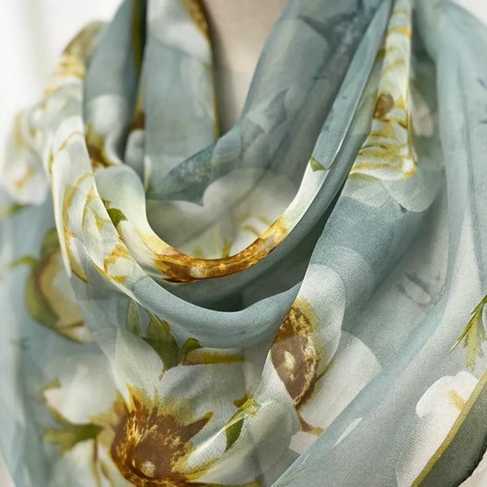 Thin Soft Long Chiffon Scarf Flower Print Beach Scarves Sun Protection Scarf for Casual Wear