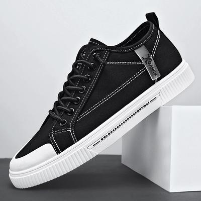 Flat Shoes, Men's Black Thick Soled Sports Shoes, Lace Up Skateboarding Shoes, Breathable Canvas Low Cut Casual Walking School