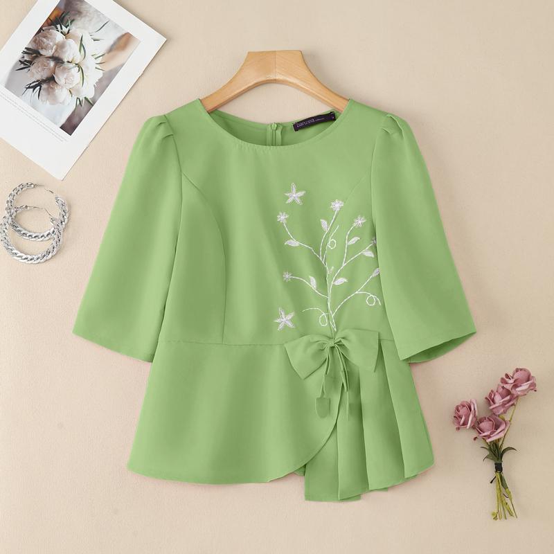 

ZANZEA Женская повседневная блузка с круглым вырезом, летняя, с рукавом до локтя, с вышивкой XL зелёный