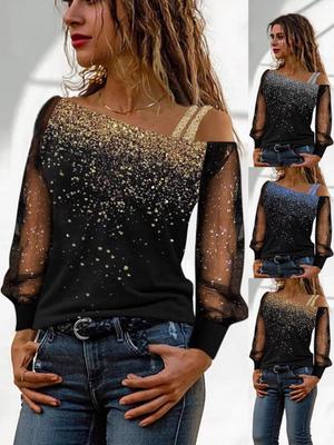 Damen-T-Shirt mit Kreuz-Glitzer-Print, One-Shoulder - Europäischer & Amerikanischer Stil 2024