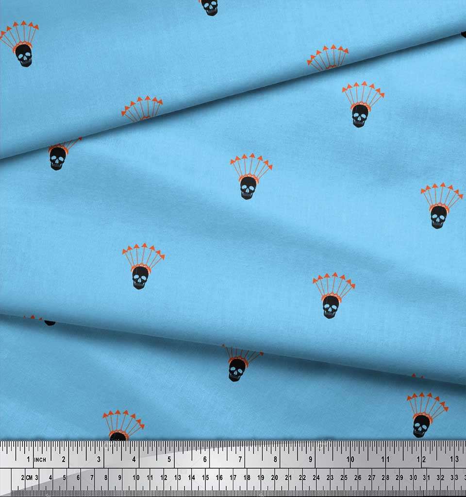 Soimoi Modrá Japonská Krepová Saténová Látka Látka s potiskem Šipky a Lebky na metr 42 Palců