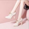 Fashion 2025 Autumn new French deep mouth single shoes leather thick with waterproof platform pointed head strap beige high heels sub