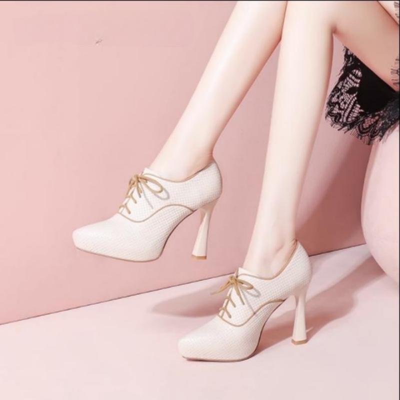 Fashion 2025 Autumn new French deep mouth single shoes leather thick with waterproof platform pointed head strap beige high heels sub