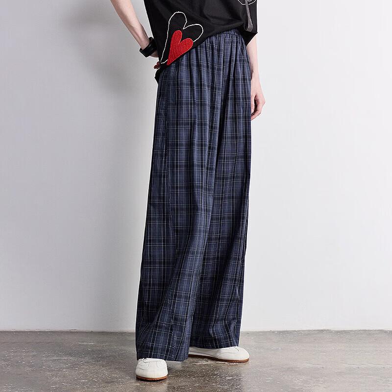 Chuyu Women's Cotton Loose Plaid Wide-leg Pants