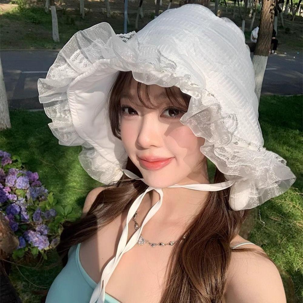 

White Fisherman Hat Summer Visor Basin Cap French Lace Bucket Hat Women білий
